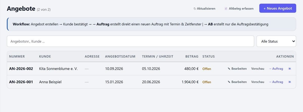 Angebotsliste mit Workflow-Hinweis
