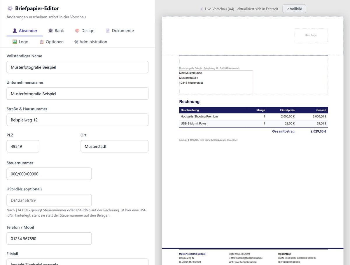 Briefpapier-Editor mit Live-Vorschau